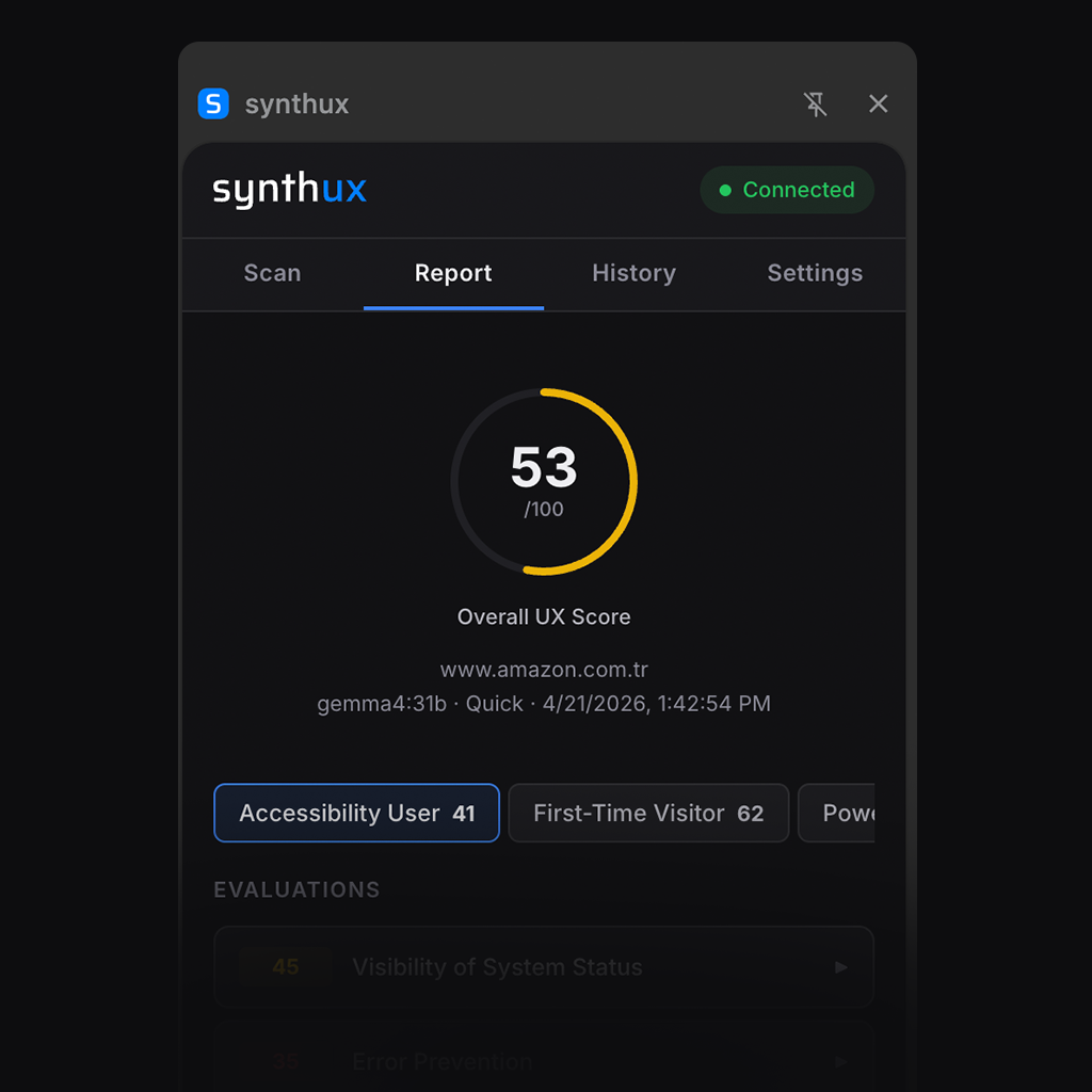 synthux Chrome extension side panel showing UX analysis results